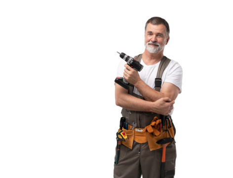 mature happy handyman builder isolated on transparent background