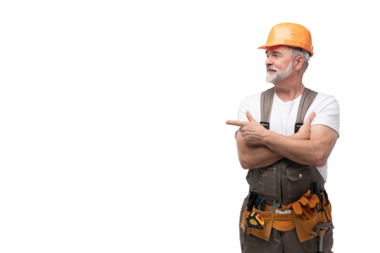 portrait of mature happy handyman presenting something isolated on transparent background