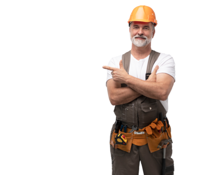 portrait of mature happy handyman presenting something isolated on transparent background