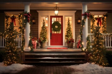 Classic christmas decorations on the door and front porch of suburban house with snow