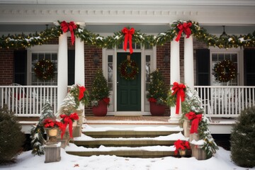 Fototapeta premium Classic christmas decorations on the door and front porch of suburban house with snow