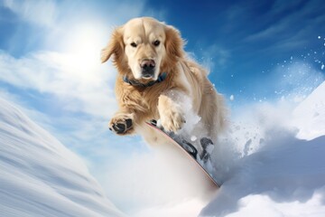 golden retriever on snowboard in the snow. Snowboarding class or store ad poster.