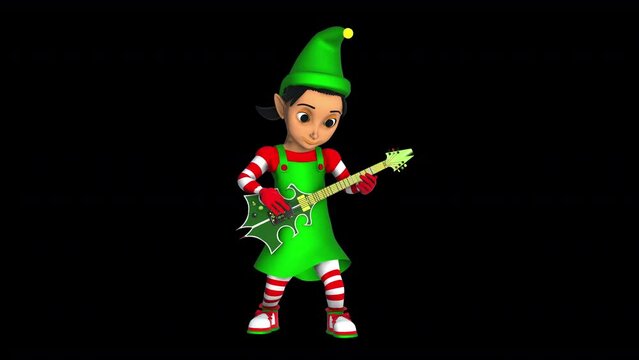 Cute elf girl playing rock guitar isolated with alpha channel. Seamless funny Christmas animation with transparency