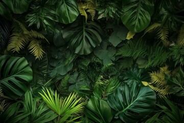 Green leaves with frame on background, copy space, top view. Generative AI