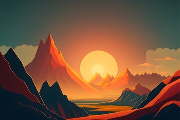 cartoon style of a landscape of a mountain with rising sun in between the mountains 8K  - obrazy, fototapety, plakaty