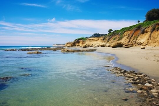 Scenic beach at Fletcher Cove in Solana Beach, California. Generative AI