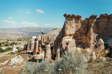 Fototapeta premium Unique geological rock formations Fairy Chimneys in Cappadocia. Popular touristic area in Turkey