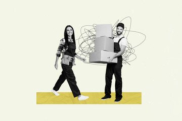 Creative composite abstract photo illustration collage of positive working people deliver packages fast isolated on beige color background