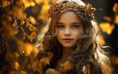 In a Forest Closeup Photo Featuring a Girl with Golden Leaves