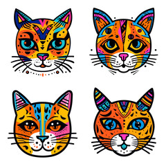 Funny cat animal head cartoon set in colorful flat illustration style. Cute kitten pet collection, diverse domestic cats.