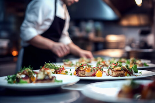Close up gourmet dish being prepared in background of blurred chef at professional restaurant kitchen. Working concept of cooking and decoration.