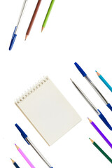 Set of colored pencils, pens and notepad in PNG isolated on transparent background. Vertical background on the theme back to school