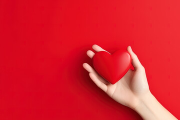 Fototapeta premium hand holds a red heart love shape on a red background with copy space