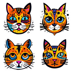 Funny cat animal head cartoon set in colorful flat illustration style. Cute kitten pet collection, diverse domestic cats.