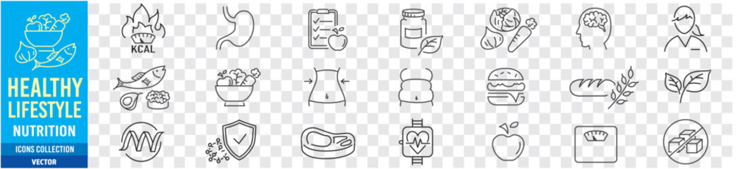 Nutrition healthy lifestyle line icons collection editable stroke vector