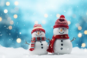 Two little happy snowman in knitted caps and scarfs standing in winter landscape. Festive background with a lovely snowman. Merry Christmas and happy New Year greeting card with copy space