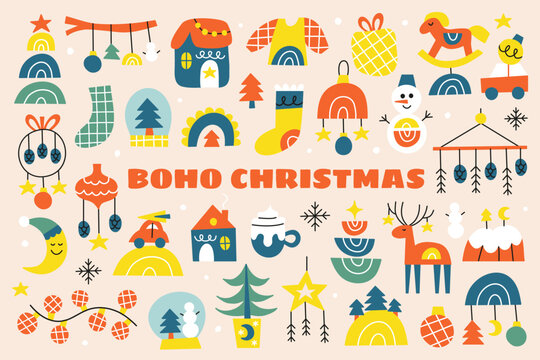 Set of boho Christmas icons.