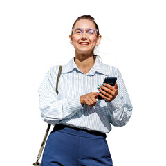 A secretary with glasses does the project work in an online mobile application. An office employee...