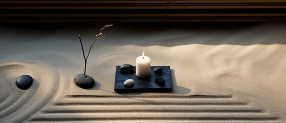 flat lay view of a Zen garden, where meticulously raked sand, carefully placed stones, and a lone, glowing candle converge to embody peace and mindfulness in a contemplative miniature scene