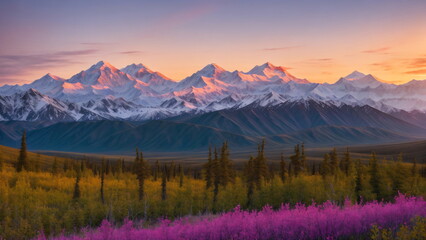 Beautiful rich nature of Denali National Park at sunset. High resolution, photogenic. cinematic wide angle shot