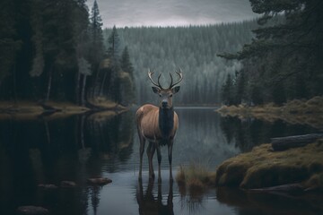 Deer looking at the viewer from a distance on the far side of a river pine forest in the background overcast lighting national geographic photo kodak 4k 