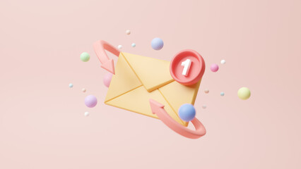 New email notification concept. 3d yellow mail envelope icon symbol. Email advertising, direct digital marketing. Cartoon elements isolated on background. Concept of mail, new message. 3d rendering