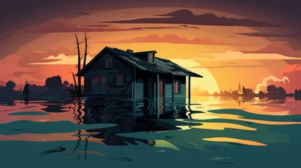 Stoff pro Meter Cartoon illustration of a flooded house, AI generated Image © marfuah