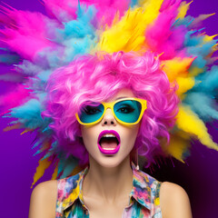 Fototapeta premium Portrait of an emotional girl in a bright atmosphere. Party, hairs trendy concept