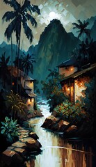 Minimalism Fantasy Tropical Mountain Village next to cascading river night sky long shadows obscure Odd Abstract and Surreal Palette Knife Oil Luminism mutedcolors blue tones brown tones white and 