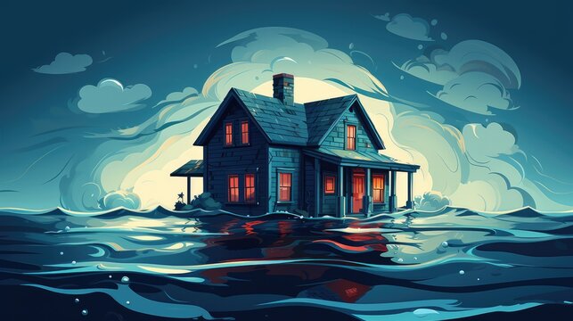 Cartoon illustration of a flooded house, AI generated Image