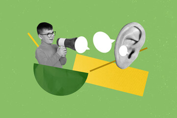 Composite photo illustration creative collage of funny schoolboy scream in ear with loudspeaker isolated on green color background