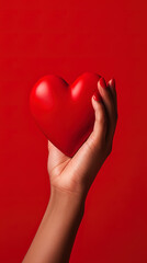 Obraz premium hand holds a red heart love shape on a red background