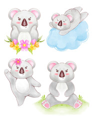 Watercolor cute Koala bear cartoon character design collection with different on with background. Vector illustration