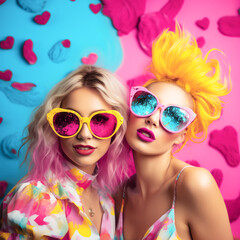 fashion portrait of two girls in stylish glasses, creative design, party concept
