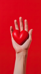 Obraz premium hand holds a red heart love shape on a red background
