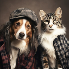 funny friends dog and cat in retro clothes