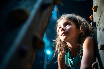 Photography in the style of pensive portraiture of a serious kid female climbing in a climbing wall. With generative AI technology