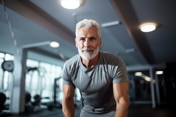 Close-up portrait photography of a serious mature man jumping rope in a gym. With generative AI technology - obrazy, fototapety, plakaty