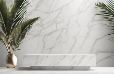 Modern minimal empty white marble stone counter for cosmetic product mockup. close up of palm tree and blank wall