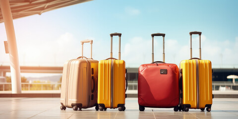 This wide banner showcases a lineup of luggage suitcases in an airport setting, offering a generous area for illustrating vacation and holiday travel ideas.