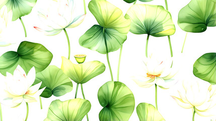 seamless Lotus floral water color pattern on white background
