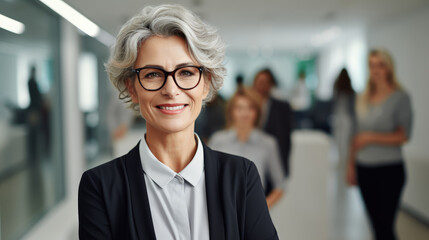 Fototapeta premium A smiling senior businesswoman in a modern office, exuding confidence and happiness.Business Concept