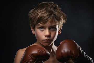 Three-quarter studio portrait photography of a determined kid male practicing boxing in a ring. With generative AI technology