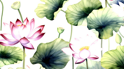 seamless Lotus floral water color pattern on white background