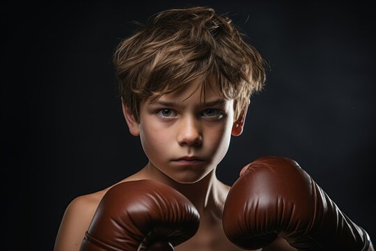 Three-quarter studio portrait photography of a determined kid male practicing boxing in a ring. With generative AI technology