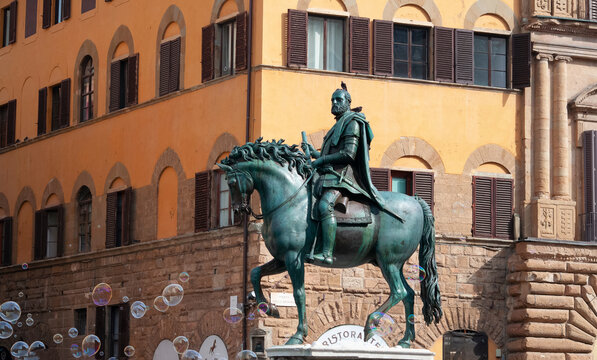 Florence, Italy - September 30, 2023: Equestrian statue of Cosimo de Medici, Piazza della Signoria, Florence, Tuscany, Italy
