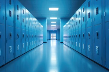 University hallway with modern blue row of lockers on the wall, clean school interior. Generative Ai.