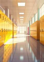 University hallway with modern yellow row of lockers on the wall, clean school interior. Generative Ai.
