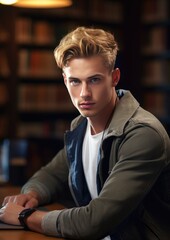 Fototapeta premium Young european student is studying in modern school university library with laptop. Generative Ai.