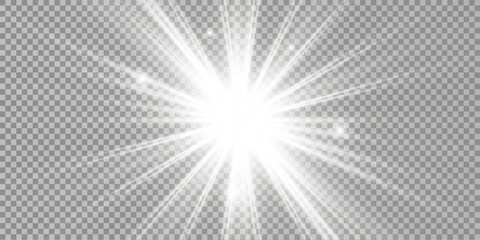 White beautiful light explodes with a transparent explosion. Vector, bright illustration for perfect effect with sparkles. Bright Star. Transparent shine of the gloss gradient, bright flash. - obrazy, fototapety, plakaty
